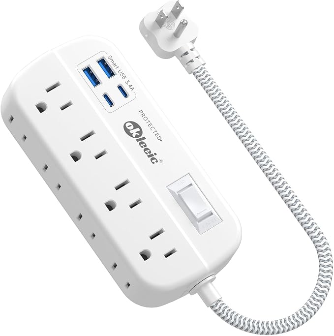OKLEEIC Short Extension Cord 1 ft - Flat Plug Power Strip Surge Protetor