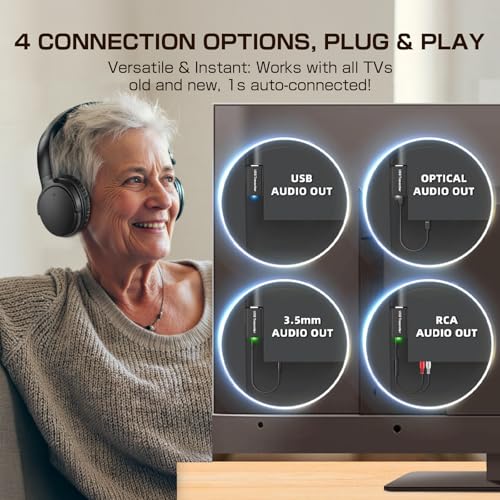 Wireless TV Headphones for Seniors, AptX Low Latency, One Button Design Over-Ear TV Headset with USB Transmitter (Optical/RCA/AUX/USB), Louder & Clearer for Hard of Hearing, 20H Playtime, Plug & Play