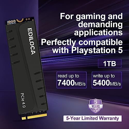 Ediloca 1TB PCIe Gen4 NVMe M.2 Gaming SSD with Heatsink for PS5, 7400MB/s Read, 1GB DRAM Cache, 3D TLC Internal Solid State Drive Compatible with PS5 & PC (EN855)