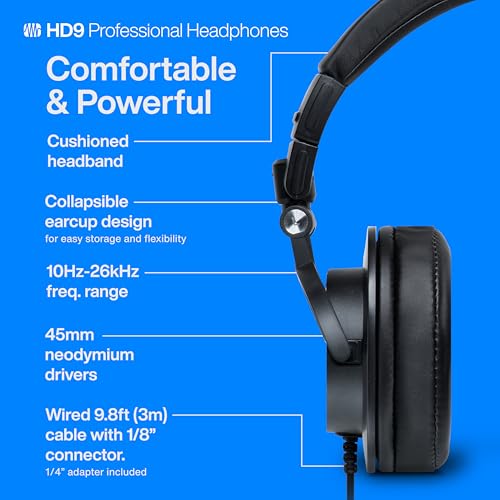 PreSonus HD9 Professional Monitoring Headphones — High-Power Handling, Closed-Back, Circumaural Acoustic Design Studio Recording Headphones for Professional Mixing and Monitoring
