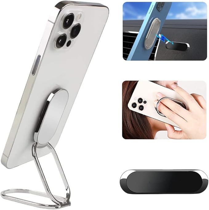 Phone Ring Holder Finger Kickstand, Foldable 360° Rotation Cellphone Grip for Desk, Office Desktop, Cell Phone Stand Compatible with iPhone Smartphones Tablets (with Magnetic Car Mount)