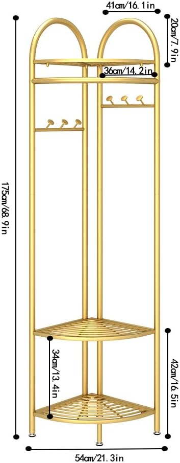 Metal Corner Coat Racks, Gold Clothing Racks Hall Tree, Freestanding Garment Rack with Hooks and Storage Shelf for Hallway, Entryway, Bedroom, Living Room, Office(Gold)