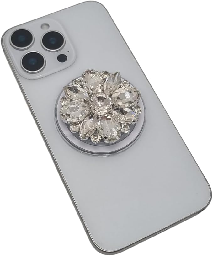 Magnetic Phone Grip Stand, Compatible with MagSafe, Adhesive Metal Ring Included for Non-MagSafe Cases, Expanding Holder and Kickstand, Pearl and Crystal Design (Vintage Crystal Brooch)