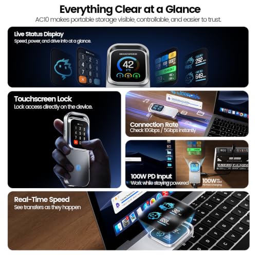 MOVE SPEED AC10 Smart Touchscreen SSD Enclosure(Only Case), 10Gbps M.2 NVMe to USB C Adapter with Real-Time Speed, Temperature, Touch Lock, 100W PD, Supports 2230/2242/2260/2280 SSD