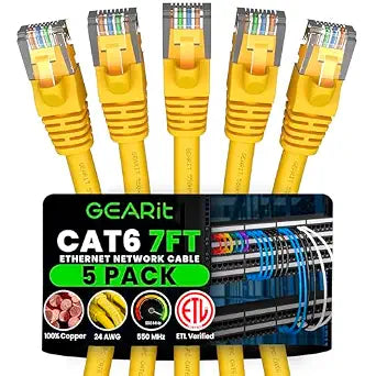 GEARit Cat6 Patch Cables Cat 6 Ethernet Cable 7 ft 5-Pack Yellow