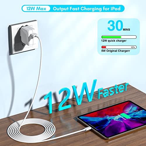 [3 Pack] iPad Charger, iPhone Charger 【MFi Certified】 Long Lightning Cable 10 Foot Lightning Charging Cord with 12W Wall Foldable Block Portable Travel Plug Charging for iPad/iPadMini/iPadAir, iPhone