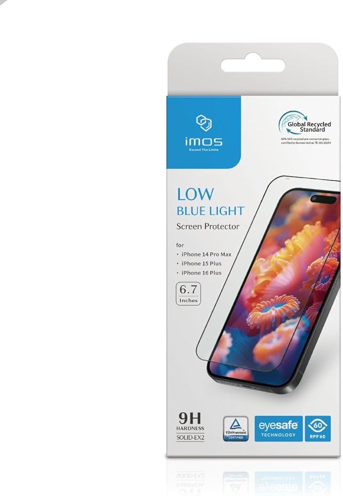 imos Screen Protector for iPhone 16 Plus / 15 Plus / 14 Pro Max, 2.5D Blue Light Block Black Border Protector Tempered Glass, Durable and Drop-Resistant, Bubble Free, Easy Installation
