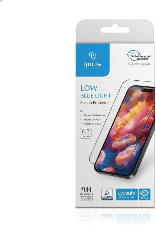 imos Screen Protector for iPhone 16 Plus / 15 Plus / 14 Pro Max, 2.5D Blue Light Block Black Border Protector Tempered Glass, Durable and Drop-Resistant, Bubble Free, Easy Installation