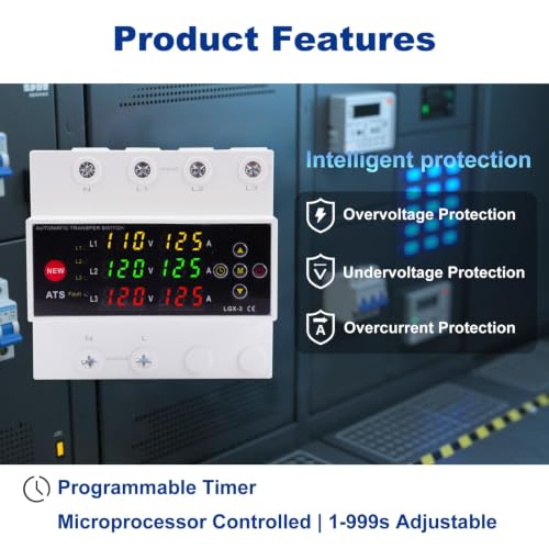 Automatic Generator Transfer Switch, 125A 120V 3 Pole Transfer Switch for Generator Backup Power & RVs, LED Display, Priority Phase Selectable, Over/Under Voltage Protection, DIN Rail Mount