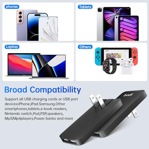 BUDI 17W Extra Slim Portable Wall Charger 2-Port USB-A Charger Foldable Wall Plug Compatible with Home Camera, iPhone IPad Samsung Galaxy(Black USB-A)
