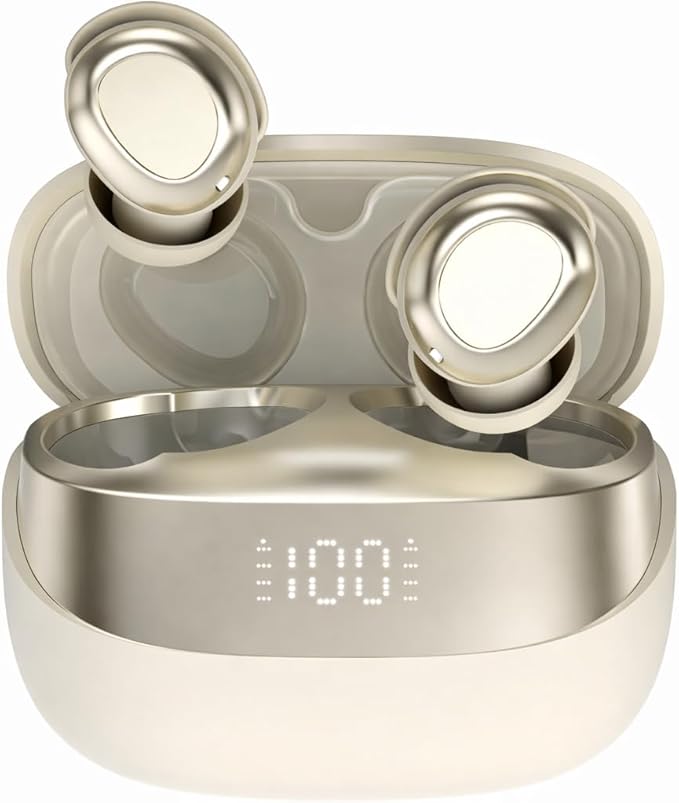 AUDIRA Mini Wireless Sleep Earbuds for Side Sleepers, Bluetooth 5.4 in-Ear Ear Buds with Noise Cancelling, IPX4 Waterproof Headphones, Touch Control, Digital Display Charging Case – Biege
