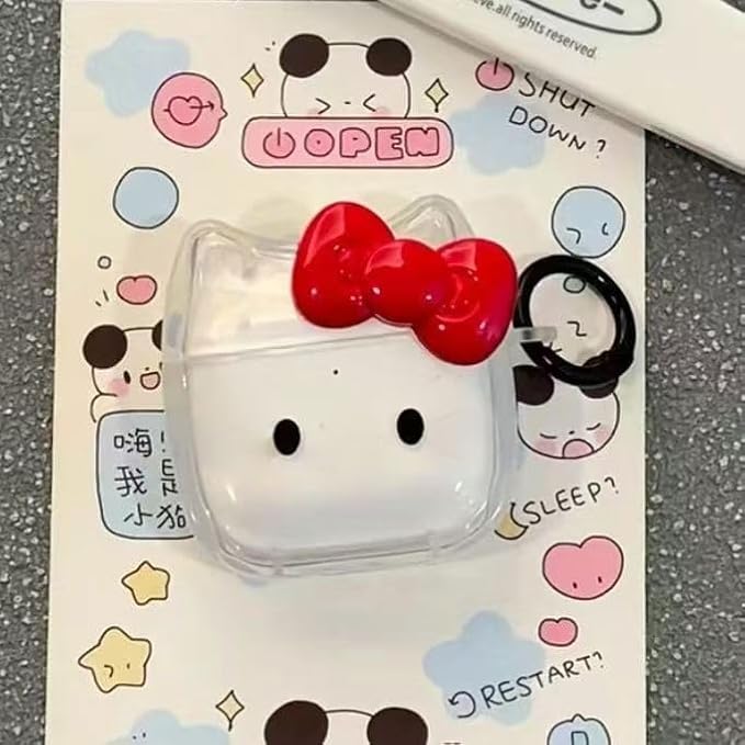 Transparent Clear Earphone Case for AirPods Pro, Cute Lovely Cat Face Soft TPU Silicone Case, Kitty AirPods Pro 2 Cover Protective Skin Shockproof Protector for iPod Earbuds -Red Bowknot Cat