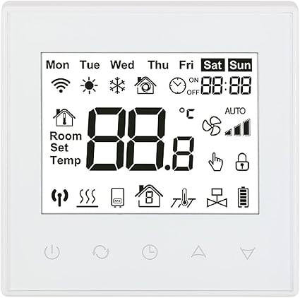 Baomain Programmable Thermostat, None Battery Powered LCD Digital White Screen AC110-120V C505 Ground 3 Amp 7 Day Work for Radiant Floor Heating Temperature Controller White