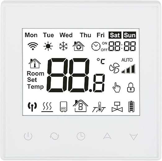 Baomain Programmable Thermostat, None Battery Powered LCD Digital White Screen AC110-120V C505 Ground 3 Amp 7 Day Work for Radiant Floor Heating Temperature Controller White