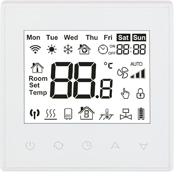 Baomain Programmable Thermostat, None Battery Powered LCD Digital White Screen AC110-120V C505 Ground 3 Amp 7 Day Work for Radiant Floor Heating Temperature Controller White