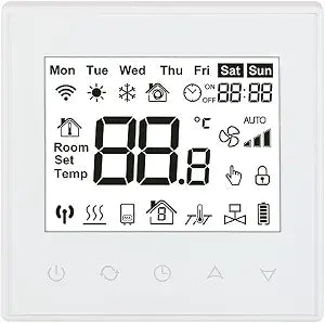 Baomain Programmable Thermostat, None Battery Powered LCD Digital White Screen AC110-120V C505 Ground 3 Amp 7 Day Work for Radiant Floor Heating Temperature Controller White