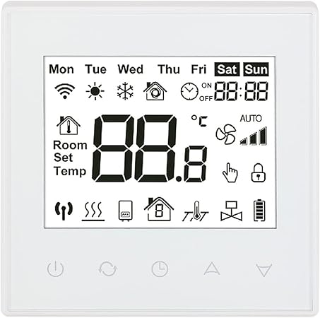 Baomain Programmable Thermostat, None Battery Powered LCD Digital White Screen AC110-120V C505 Ground 3 Amp 7 Day Work for Radiant Floor Heating Temperature Controller White