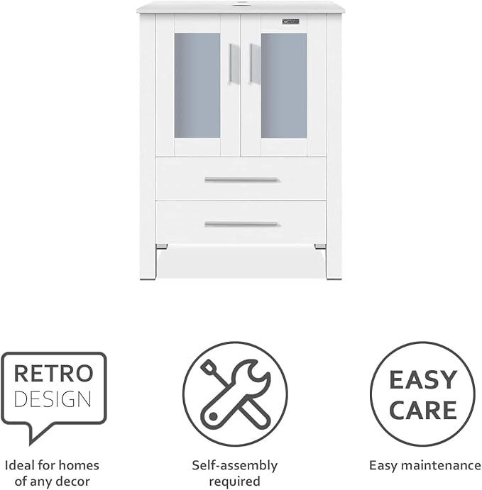 eclife 24" Modern Bathroom Vanity Sink Combo Freestanding Cabinet with Soft Closing Door, Blue Boat Glass Vessel Sink, Water Save Faucet, Drain (White+A29BU)