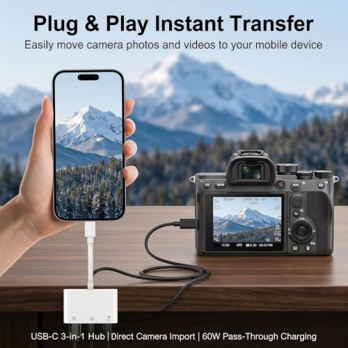 USB C to 3.5mm Audio Adapter with 60W PD Fast Charging Port, 3-in-1 Aux to Type C Multi-Function Adapter, USB C to USB Adapter Compatible with iPhone 17/16/15, iPad Pro, MacBook, Galaxy S26 & More
