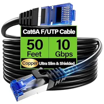 Cat6A Ethernet Cable Shielded 10Gbps 50 ft, Slim Shielded (F/UTP) Ethernet Cable Cat 6, Flexible 28AWG Bare Copper Cat6 Cable, Space-Saving Cat 6a Network Cable for Server, Data Center, Black