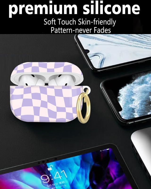 Compatible with AirPod Pro 2nd/1st Generation Case Cover with Key Chain,Full Protective Shockproof Wireless Headphone Case for Airpod Pro 2023/2022/2019(Pastel Purple Checkered)