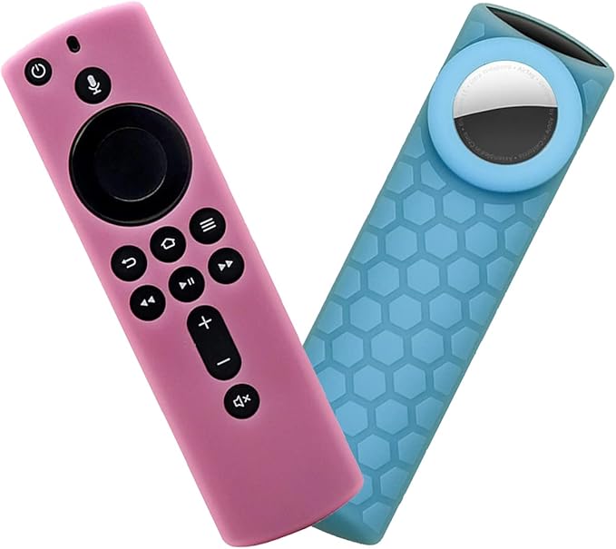 2 in 1 Silicone Protective Case Sleeve with Holder for AirTags and TV (3rd Gen)/ All-New 2nd Gen Remote Control, Compatible for TV Stick 4K Remote Cover, Glow in The Dark(Pink/Sky Blue)
