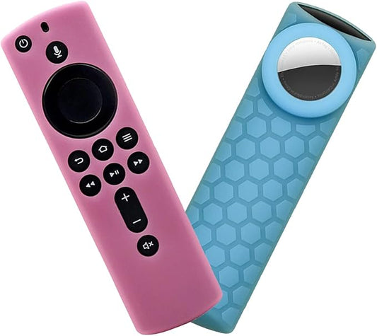 2 in 1 Silicone Protective Case Sleeve with Holder for AirTags and TV (3rd Gen)/ All-New 2nd Gen Remote Control, Compatible for TV Stick 4K Remote Cover, Glow in The Dark(Pink/Sky Blue)