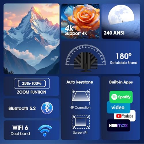 Mini Projector Support 4K 1080P FHD Portable Projector Built-in App