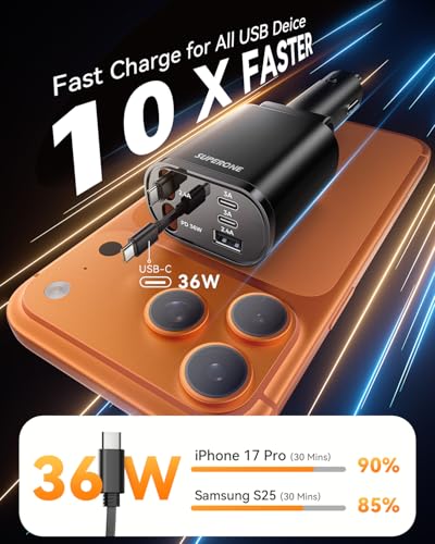 SUPERONE 90W Retractable Car Charger, Dual USB-C Cables Fast Charger Black