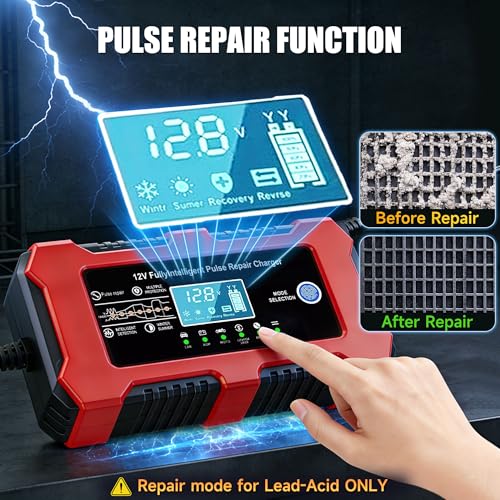 12V 10A Car Battery Charger, Smart Trickle Charger, Automotive Battery Charger with Temperature Compensation/Desulfator Maintainer for Car、Motorcycles、Lawnmowers、Trucks