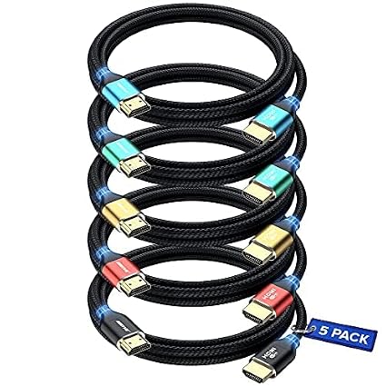 Maximm HDMI 2.1 Cable 8K 10 Ft, Multicolor, 5-Pack, 48 Gbps, Braided, eARC, HDR