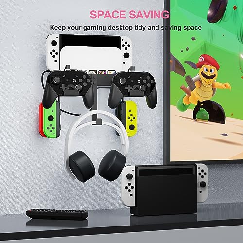 EJGAME Wall Mount Bracket Compatible with Nintendo Switch/OLED,Metal Wall Mount Kit Shelf Stand Accessories with Hooks for Hanging Headphone and Joy-Cons, Dual Controller Holder (Black)