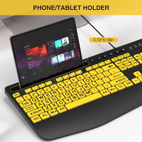 SABLUTE Large Print Keyboard Wired Computer Keyboards with Wrist Rest, Phone Holder, Big Letters Easy to Read Compatible Windows, Desktop, Laptop, Yellow