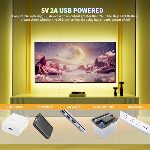 PAUTIX 5V USB RGB COB LED Strip Light 4.92ft/1.5m Color Changing Strip Lights,TV Backlight Multicolor Flexible Under Cabinet Tape Lights with Bluetooth Control for Bedroom,Kitchen,Home DIY Lighting