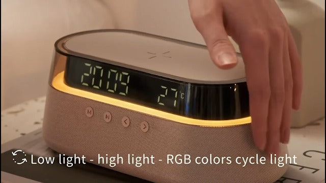 Smart Station | 6-in-1 Wireless Charging Station | Clock | Bluetooth Speaker | Lamp | Radio | Wireless Charger for iPhone Samsung Android Phone | US Plug | Birthday Gift for Men Women Mum Dad