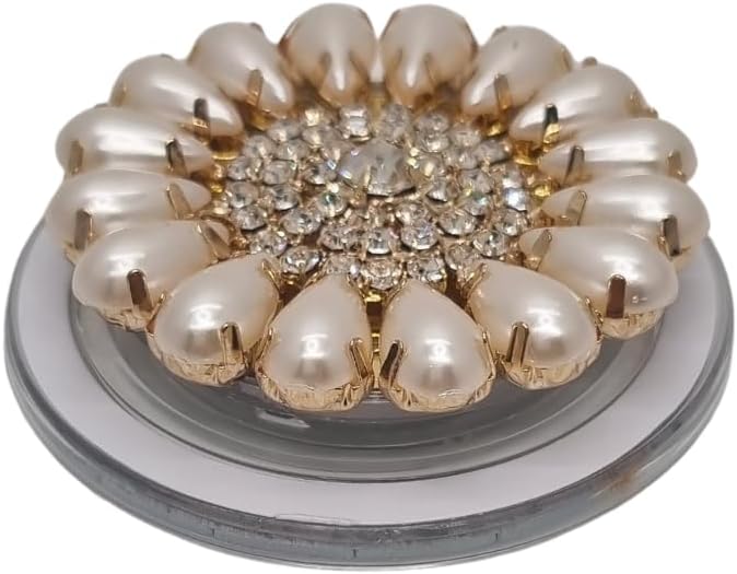 Magnetic Phone Grip Stand, Compatible with MagSafe, Adhesive Metal Ring Included for Non-MagSafe Cases, Expanding Holder and Kickstand, Pearl and Crystal Design (Golden Pearl Sunflower)