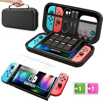 Ounfnoe Carrying Case Compatible with Nintendo Switch and Switch OLED Model 2021, Portable Travel Carry Case/Game Bag with 10 Game Cartridge Slots, Black Comes with Tempered Glass Screen Protector