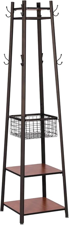 VECELO Coat Rack Freestanding,Hall Tree with Metal Basket and Storage Shelves,Industrial Coat Rack Stand with 8 Hooks for Hanging Coats/Hats/Bags/Umbrellas,18 x 18 x 72 In,Vintage Brown