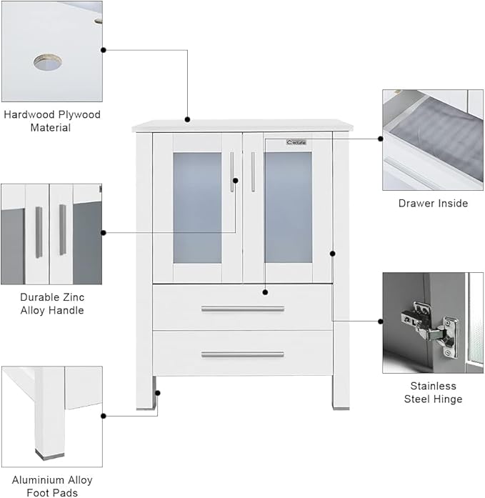 eclife 48" Modern Bathroom Vanity Sink Combo Freestanding Cabinet with Small Side Cabinet, White Square Ceramic Vessel Sink, Water Save Faucet, Drain (White+A07)