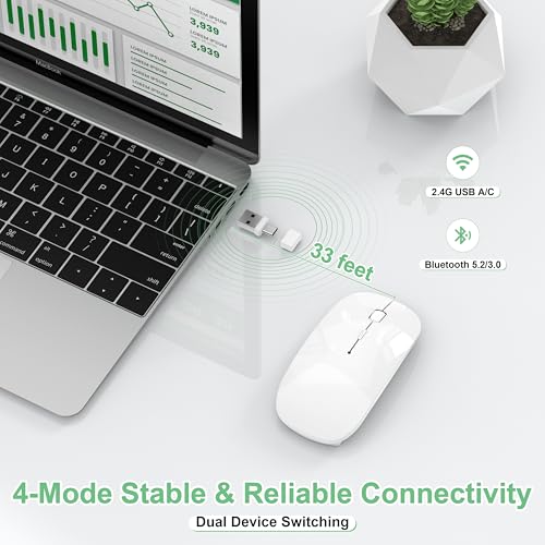 Gizdot-S1 Mouse for iPad/MacBook Air/Pro & Laptop, Bluetooth Wireless Rechargeable Mouse with Type-C, Slim Mouse Jiggler for iMac, 4 Connection Modes, Silent Click, 1600 DPI Compatible Mac OS/Windows