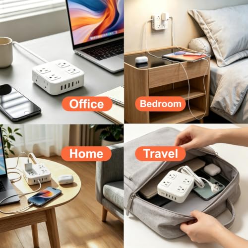 Power Strip with Surge Protector, 3 Side, 8 AC 6 USB Ports Flat Plug Switch