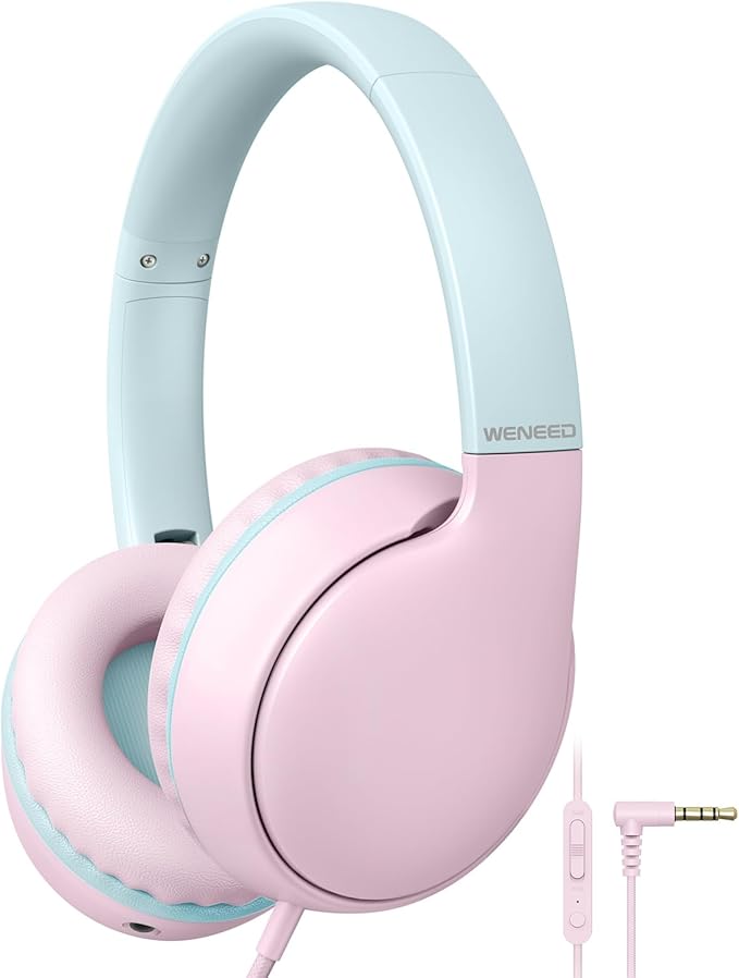 weneed Kids Headphones Wired with Microphone, Over Ear 85/94dB Volume Limited Headphones with Share Port, Stereo Sound Foldable Headset for Teens/Boys/Girls