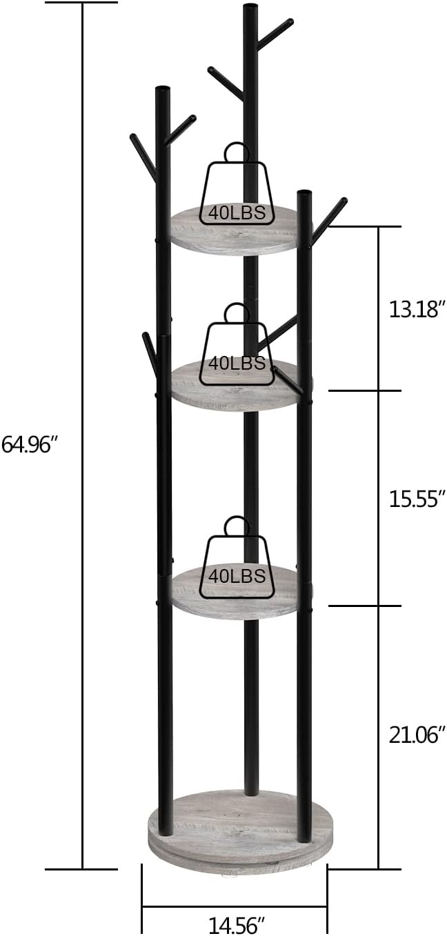 Rotary Coat Rack Freestanding Metal Coat Hall Tree Stand with 4 Tiers Storage Display Shelf and 9 Hooks for Entryway Bedroom Corner Office Garment Clothes Holder (Grey)