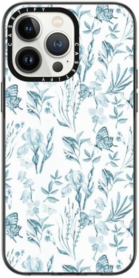 CASETiFY Compact iPhone 14 Pro Max Case [4 ft. 2X Military Grade Drop Protection/Slim/Lightweight] - Elegant Pastel Blue Vintage Butterfly Floral - Clear Black