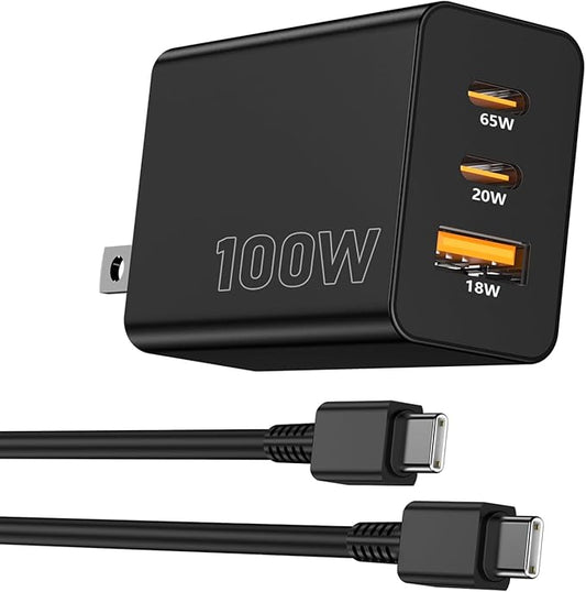 100W USB C Charger Block,3 Port GaN+ USB-C Wall Charger,65W Type C Multi Port Power Super Fast Charging Block Adapter&6FT Cable for iPhone 17/16 Air Pro Max,iPad,Samsung Galaxy Series,MacBook (Black)