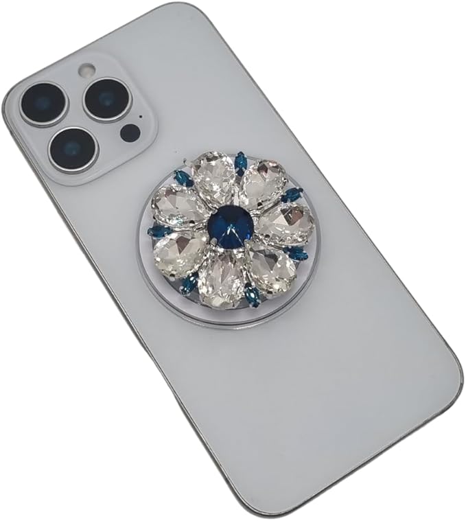 Magnetic Phone Grip Stand, Compatible with MagSafe, Adhesive Metal Ring Included for Non-MagSafe Cases, Expanding Holder and Kickstand, Pearl and Crystal Design (Midnight Sapphire Bloom)