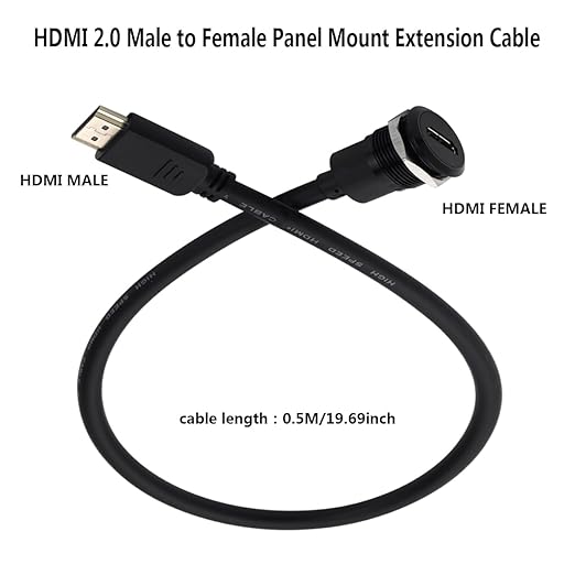 PENGLIN HDMI Panel Mount Extension Cable, HDMI 2.0 Male to Female Adapter Short Extender Cord, Support 4K 3D Compatible with HDTV, Laptop and PC(0.5M/19.69inch)
