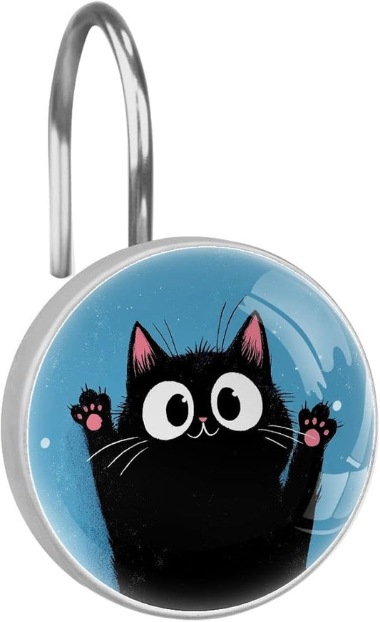 12 Packs Black Happy Cat Shower Curtain Hooks, Stainless Steel Glass Shower Curtain Rings for Bathroom, Rustproof Metal Curtain Rod Hooks