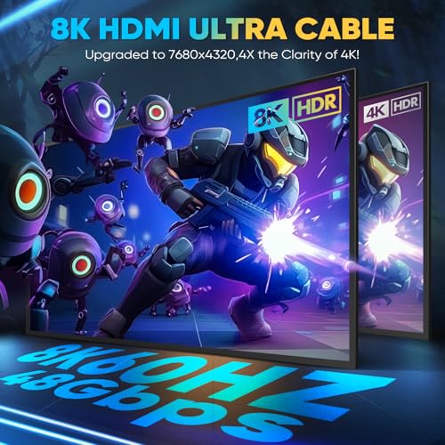 10K 8K 4K HDMI 2.1 Cable 25FT, Ultra High Speed 48Gbps Braided Cord, 8K@60Hz 4K@120Hz, HDCP 2.2 & 2.3, HDR10, DTS:X Compatible with Roku TV/PS5/Xbox/HDTV/Blu-ray