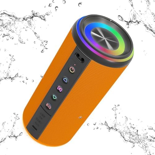 Portable Bluetooth Speaker, Bluetooth 5.4 Wireless Speaker with 20W HD Loud Stereo Sound, 20H Playtime, IP7 Waterproof, LED Lights, TWS Pairing, Built-in Mic, for Outdoor, Party, Home, Gift, Orange